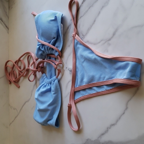 ZAFUL Halter Ribbed Midriff Flossing Binding Thong Bikini Set M - Picture 2 of 7